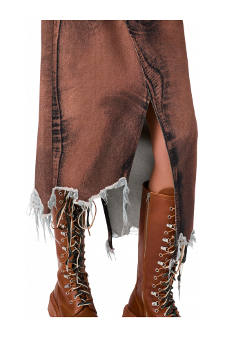 DISTORTED PRINT DENIM SKIRT Brown-black asymmetric denim skirt