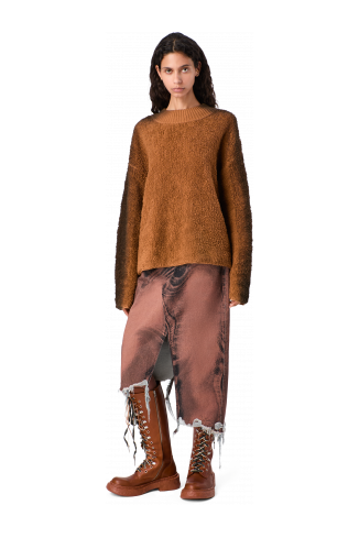 DISTORTED PRINT DENIM SKIRT Brown-black asymmetric denim skirt