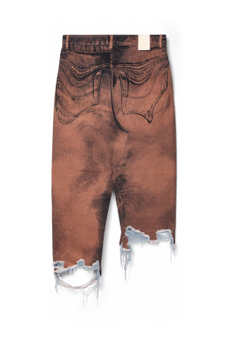 Back view of DISTORTED PRINT DENIM SKIRT Brown-black asymmetric denim skirt