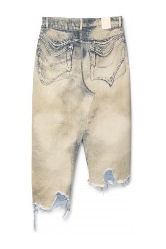 Back view of DISTORTED PRINT DENIM SKIRT Sand-black asymmetric denim skirt