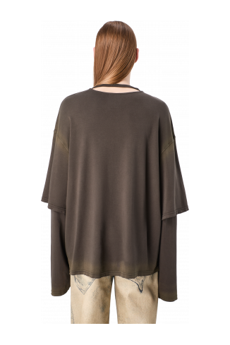 WASHED LAYERED LONG SLEEVE T-SHIRT Faded black organic cotton long sleeve T-Shirt