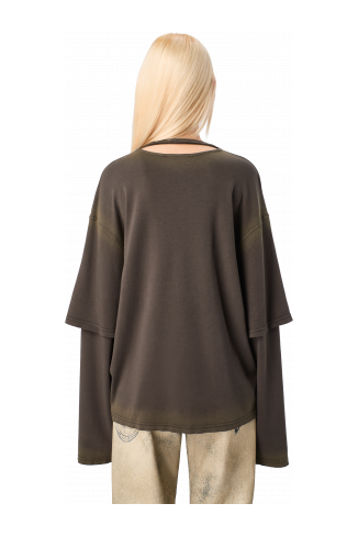 WASHED LAYERED LONG SLEEVE T-SHIRT Faded black organic cotton long sleeve T-Shirt