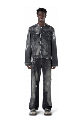 DISTORTED PRINT DISTRESSED DENIM JACKET NERO-GRIGIO