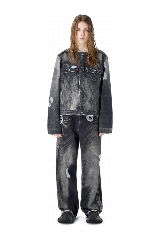 DISTORTED PRINT DISTRESSED DENIM JACKET BLACK-Gray