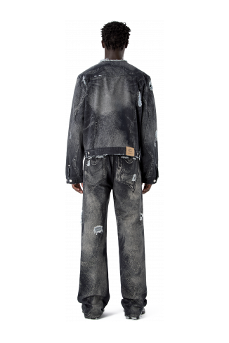 DISTORTED PRINT DISTRESSED DENIM JACKET NERO-GRIGIO