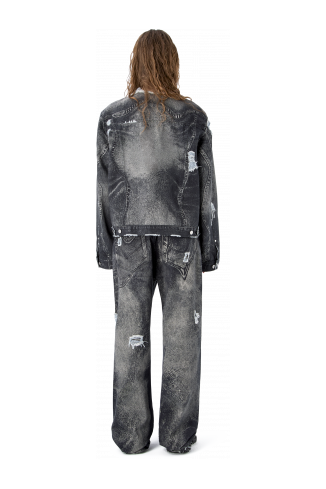DISTORTED PRINT DISTRESSED DENIM JACKET BLACK-Gray