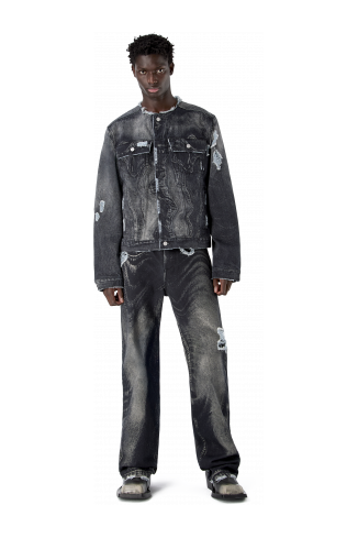 DISTORTED PRINT DISTRESSED DENIM JACKET NERO-GRIGIO