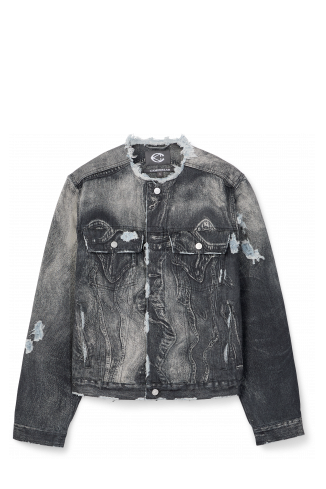 DISTORTED PRINT DISTRESSED DENIM JACKET NERO-GRIGIO