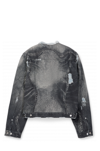 DISTORTED PRINT DISTRESSED DENIM JACKET NERO-GRIGIO