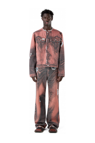 DISTORTED PRINT DISTRESSED DENIM JACKET ARANCIONE-NERO