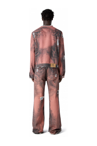 DISTORTED PRINT DISTRESSED DENIM JACKET ARANCIONE-NERO
