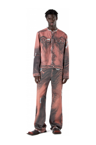 DISTORTED PRINT DISTRESSED DENIM JACKET ARANCIONE-NERO