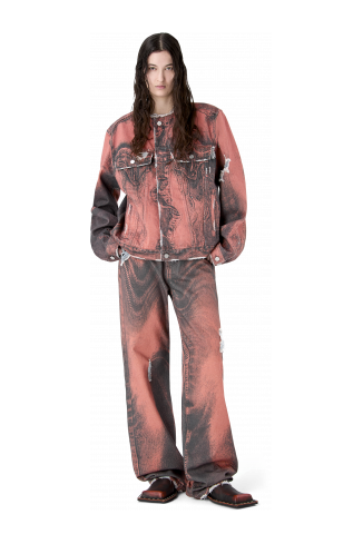 DISTORTED PRINT DISTRESSED DENIM JACKET ORANGE-BLACK