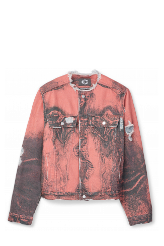 DISTORTED PRINT DISTRESSED DENIM JACKET ARANCIONE-NERO