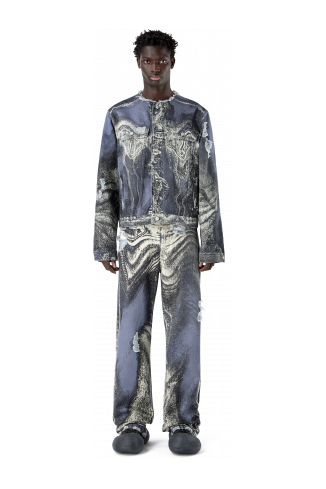 DISTORTED PRINT DISTRESSED DENIM JACKET BLU-CREMA
