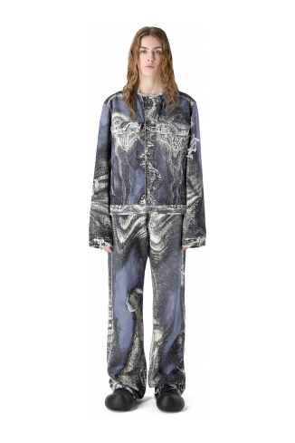 DISTORTED PRINT DISTRESSED DENIM JACKET BLUE-CREAM