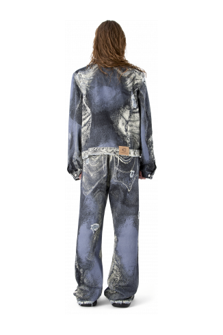 DISTORTED PRINT DISTRESSED DENIM JACKET BLUE-CREAM