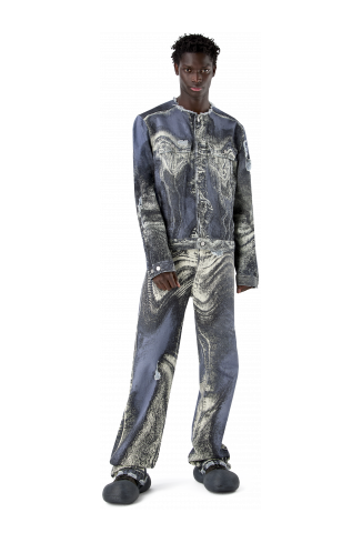 DISTORTED PRINT DISTRESSED DENIM JACKET BLU-CREMA