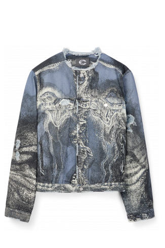 DISTORTED PRINT DISTRESSED DENIM JACKET BLU-CREMA