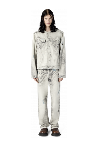 DISTORTED PRINT DISTRESSED DENIM JACKET DISTORTED PRINT DISTRESSED DENIM JACKET <br/>LIGHT GREY-OFF WHITE