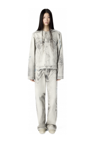 DISTORTED PRINT DISTRESSED DENIM JACKET LIGHT GREY-OFF WHITE