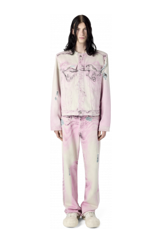 DISTORTED PRINT DISTRESSED DENIM JACKET DISTORTED PRINT DISTRESSED DENIM JACKET <br/>PINK-OFF WHITE