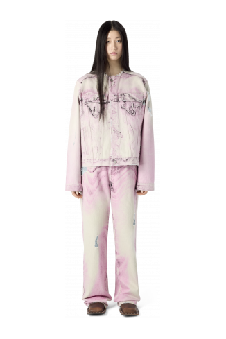 DISTORTED PRINT DISTRESSED DENIM JACKET PINK-OFF WHITE