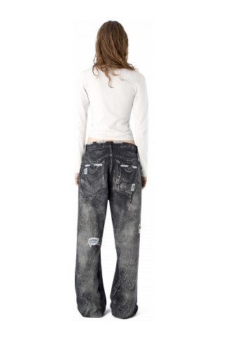 DISTORTED PRINT DISTRESSED DENIM JEANS NERO-GRIGIO