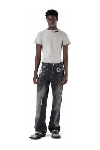 DISTORTED PRINT DISTRESSED DENIM JEANS NERO-GRIGIO