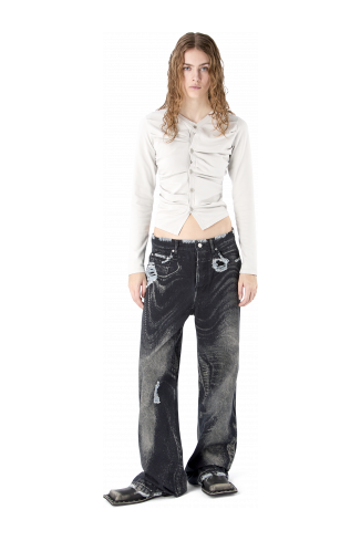 DISTORTED PRINT DISTRESSED DENIM JEANS NERO-GRIGIO