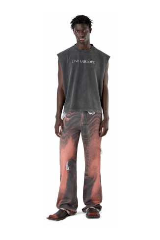 DISTORTED PRINT DISTRESSED DENIM JEANS ORANGE-BLACK