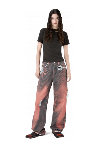 DISTORTED PRINT DISTRESSED DENIM JEANS ARANCIONE-NERO