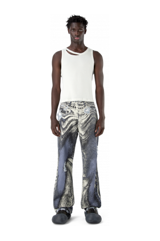 DISTORTED PRINT DISTRESSED DENIM JEANS BLU-CREMA