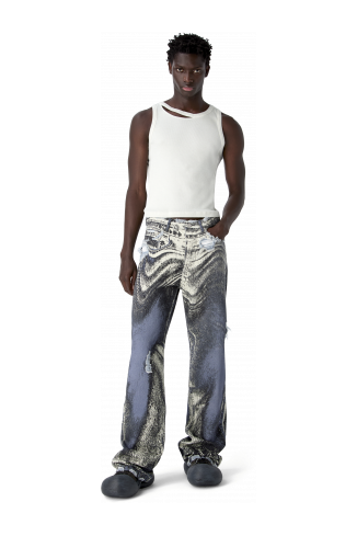 DISTORTED PRINT DISTRESSED DENIM JEANS BLU-CREMA