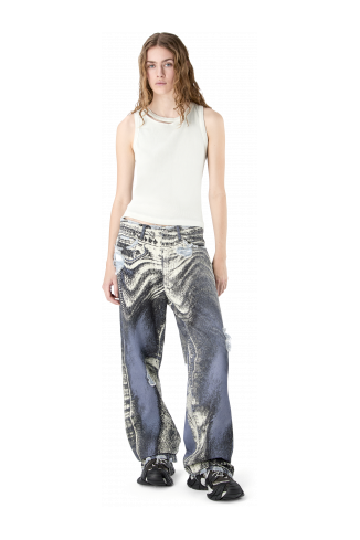 DISTORTED PRINT DISTRESSED DENIM JEANS BLU-CREMA