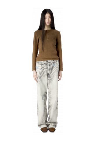 DISTORTED PRINT DISTRESSED DENIM JEANS LIGHT GREY-OFF WHITE