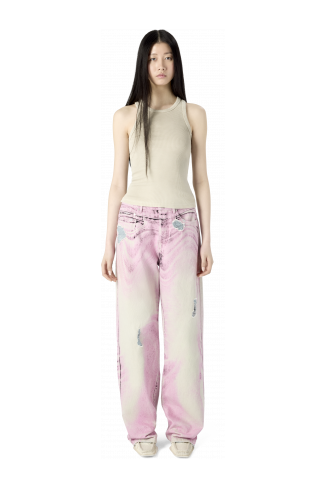 DISTORTED PRINT DISTRESSED DENIM JEANS PINK-OFF WHITE