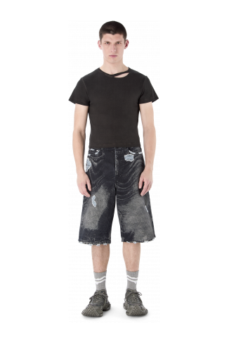 DISTORTED PRINT DISTRESSED DENIM SHORTS NERO-GRIGIO