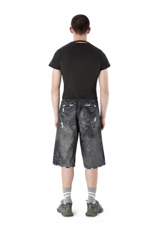 DISTORTED PRINT DISTRESSED DENIM SHORTS NERO-GRIGIO