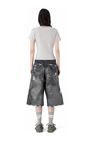 DISTORTED PRINT DISTRESSED DENIM SHORTS NERO-GRIGIO