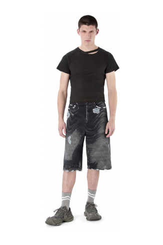 DISTORTED PRINT DISTRESSED DENIM SHORTS NERO-GRIGIO