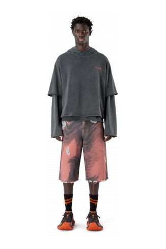 DISTORTED PRINT DISTRESSED DENIM SHORTS ORANGE-BLACK