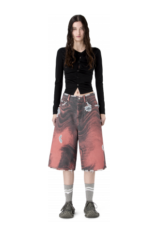 DISTORTED PRINT DISTRESSED DENIM SHORTS ARANCIONE-NERO