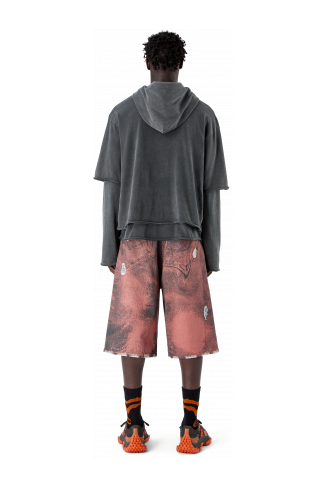 DISTORTED PRINT DISTRESSED DENIM SHORTS ORANGE-BLACK