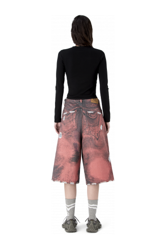 DISTORTED PRINT DISTRESSED DENIM SHORTS ARANCIONE-NERO