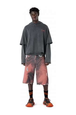 DISTORTED PRINT DISTRESSED DENIM SHORTS ORANGE-BLACK