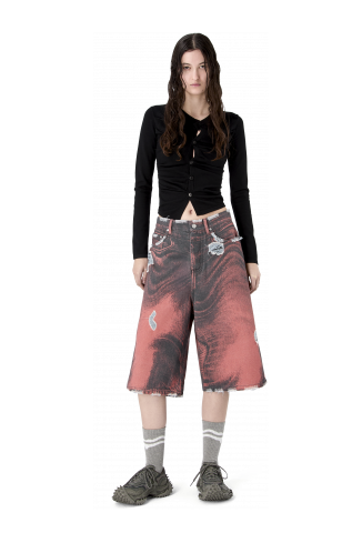 DISTORTED PRINT DISTRESSED DENIM SHORTS ARANCIONE-NERO