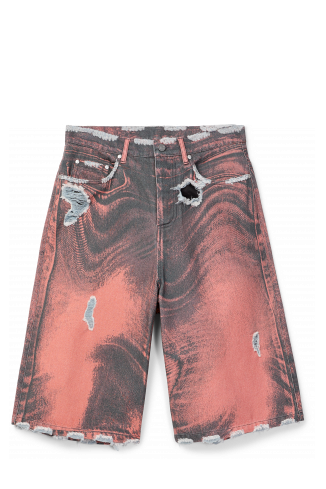 Side view of DISTORTED PRINT DISTRESSED DENIM SHORTS ORANGE-BLACK
