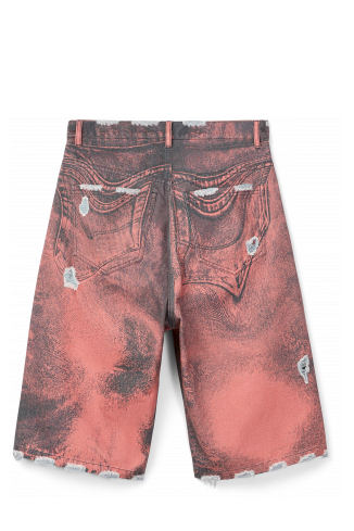 Back view of DISTORTED PRINT DISTRESSED DENIM SHORTS ORANGE-BLACK