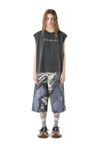 DISTORTED PRINT DISTRESSED DENIM SHORTS BLU-CREMA